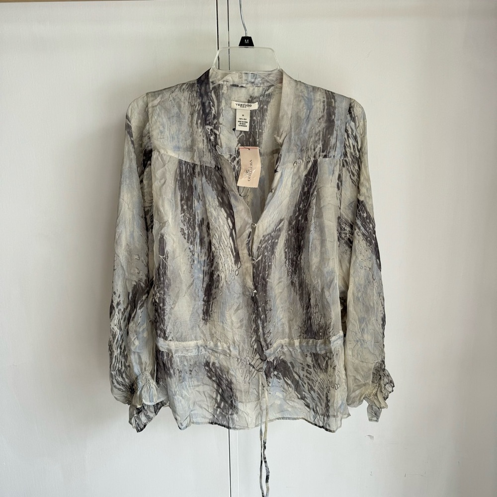 NWT Vertigo Paris sheer long sleeve Blouse 100% Silk Size M